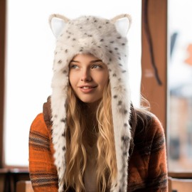 ShellKingdom Plush Novelty Animal Hat,3 in 1 Function Snow Leopard Faux Fur Full Animal Hood Hat Winter Warmer Cap