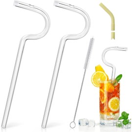 Premium Glass Anti-Wrinkle Drinking Straws Set - 2Pack for 40oz Tumblers | Ergonomic Curve - Lip Wrinkle Prevention & Lipstick Safe | Eco-Friendly Plastic-Free with Cleaning Brushes (Transparent)