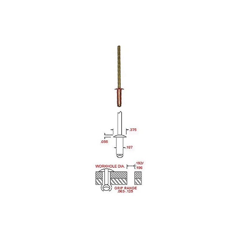 3/16" Diameter Copper Blind Rivet with Brass Mandrel, Dome Head,