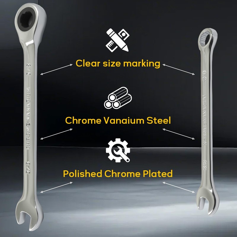 3/8 Inch Ratcheting Wrench 2 Pcs 72-Tooth 12-Point Chrome Plated