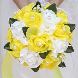 Flonding Wedding Bouquet, Big Size Yellow Bridesmaid Foam Roses Artificial Flower Bridal Bouquets with Crystals Soft Ribbons for Wedding Party Church