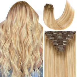 Caliee 20 Inch Clip in Hair Extenisons Human Hair Double Weft Invisible Balayage Hair Extensions Human Hair Light Golden Brown and Platinum with Ash Brown Roots Silky Straight Full Head 140 G