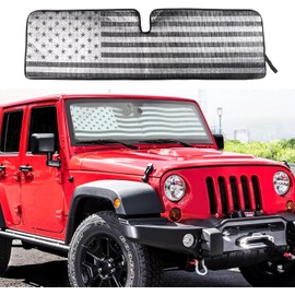 HTHE Windshield Sun Shade for TJ JK JKU Windshield Sunshade Cover Front Mirror Sunshade Cover Compatible with Jeep Wrangler TJ JK JKU 1996-2018(Silver-Black White USA Flag Pattern)
