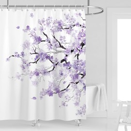 Kikiry Purple Cherry Shower Curtain 60''W x 72''L Spring Sakura Floral Plum Blossom Flowers Japanese Asian Bathroom Curtains Plant Leaves Polyester Fabric 12 Pack Plastic Hooks