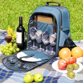 Sunflora Picnic Backpack for 4 Person with Blanket Picnic Basket Set for 2 with Insulated Cooler Wine Pouch for Family Couples (Light Blue)