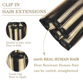 Clip In Hair Extensions Human Hair Black Mixed Bleach Blonde Highlights Remy Hair Extensions 18 Inch for Women Girls 5PCS #1p613