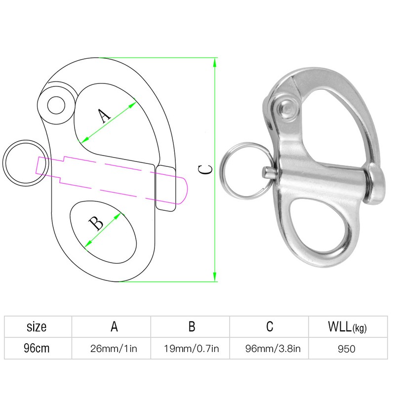 22*96mm Stainless Steel Fixed Snap Shackle Quick Release with Round