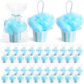 Afarnook 50 Set Baby Shower Party Favors for Guests Include Bath Sponge Loofahs with Cupcake Gift Packaging Bow and Clear Plastic Bags for Baptism Gender Reveal Birthday Wedding Supply (Blue)