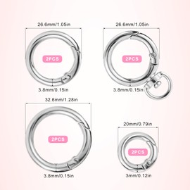 Pack of 8 Metal Carabiner Hooks, Including 2 Round Spring O-Ring Hooks with Rotating D-Ring Press Stud Release Key Ring Clasp for Bags Lanyards Handbags (Silver)