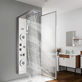 FCOTEEU Brushed Nickel Multi-Function Shower Panel Tower with Rainfall Waterfall Shower Head,2 Rain Massage System with Body Jets,Shower Tower Column with Temperature Display