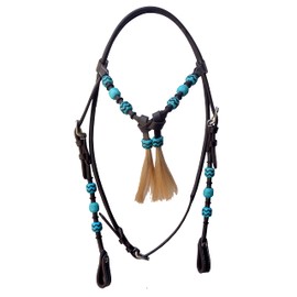 WeavingCraft Western Leather Round Headstall with Natural Hand Braided Turquoise Rawhide Futurity Knot Natural Hair Tassels Bridle -Dark Brown (Full)