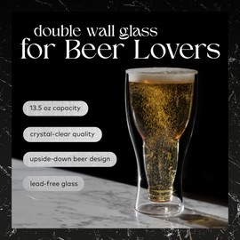 Dragon Glassware Beer Glasses - 13.5 oz Clear Double Wall Insulated Beer Glass Set of 2 - Upside Down Design - Holds One Full Bottle - Freezer Safe