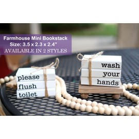Farmhouse Mini Bookstack for Bathroom Decor Wooden Books for Restroom Shelf Decorative Accent for Guest Bathroom Sign, 2 Signs in 1 Reversible - Wash Your Hands/Relax Soak Unwind