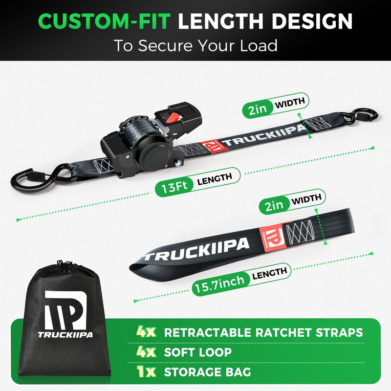 Truckiipa Retractable Ratchet Straps - 2Pack 2 Inch x 13