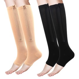 Qoncosy 2 Pairs Zipper Compression Socks for Men Women, 15-20mmHg Open Toe Compression Stockings with Zippers, Black Nude Knee High Compression Socks for Running Travel