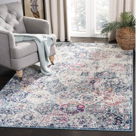 Safavieh Madison Collection MAD611N Boho Chic Floral Medallion Trellis Distressed Area Rug, 8' x 10', Navy / Teal