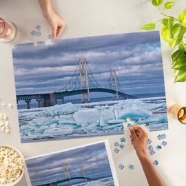 Mackinaw City, Michigan, Winter Landscape of Blue Ice Shards and The Mackinac Bridge (1000 Piece Puzzle, Challenging Jigsaw Puzzle for Adults, Made in USA)