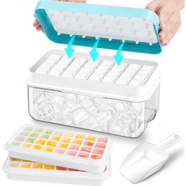 Molde de Cubitos de Hielo con Tapa y Bandeja Cuadrada, 2×32 Cubiteras Reutilizables Libre de BPA, Apilable y Fácil de Liberar, Disponible en Rosa y Azul para Bebidas y Cócteles(Azul)