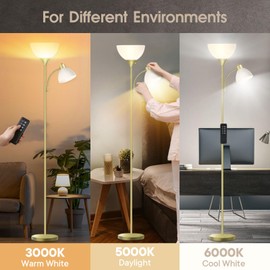GERGO Led Floor Lamp, Super Bright 11W+7W 2100LM Torchiere Floor Lamps for Living Room, Stepless Adjustable 4 Color Temperatures 3000K-6000K with Remote Control for Bedroom(Golden)