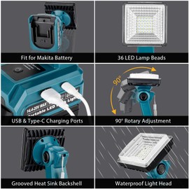 GRVODFRTA 25W 2000LM Cordless LED Work Light for Makita 18V Battery Portable Flood Lights for Outdoor Indoor Workshop Job Site, LED Floodlight with Pivoting Head/USB Port(No Battery)