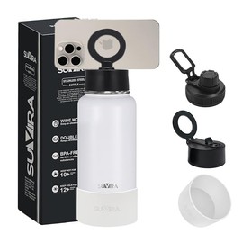 Suvira Stainless Steel Insulated Water Bottle & Magnetic Lid-Compatible with MagSafe,Tripod Phone Mount,&Phone Holder Travel Thermos, Sport,Yoga, Gym Keeps Hot for12 H,Cold 24H (White, 32 Ounces)