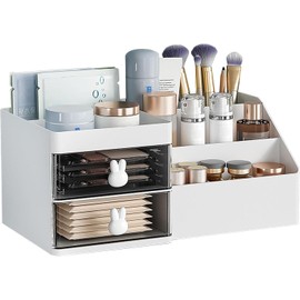 DUOJIN Make Up Organiser Cosmetic Storage Box Dressing Table Cosmetic Organiser with Drawer, Makeup Box with Drawers for Dresser, Bedroom, Bathroom (White)