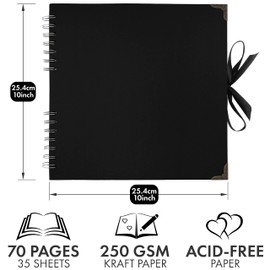 Bstorify 10 x 10 Inches Scrapbook Album 70 Pages Black Thick Kraft Paper Corner Protectors, Ribbon Closure - Ideal for Your Scrapbooking, Art & Craft Projects (Black, 10 x 10 Inch)
