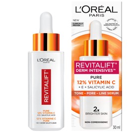 L'Oréal Paris 12% Pure Vitamin C Face Serum + Vitamin E + Salicylic Acid, 2x Brighter-Looking Skin, Minimizes Look of Pores, 2x Less Visible Pores - Revitalift Derm Intensives, For all Skin Tones, Skincare, 30mL