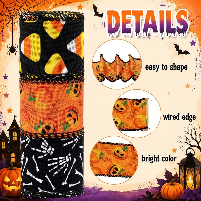 3 Rolls Halloween Printed Wired Ribbon for Gift Wrap Decor