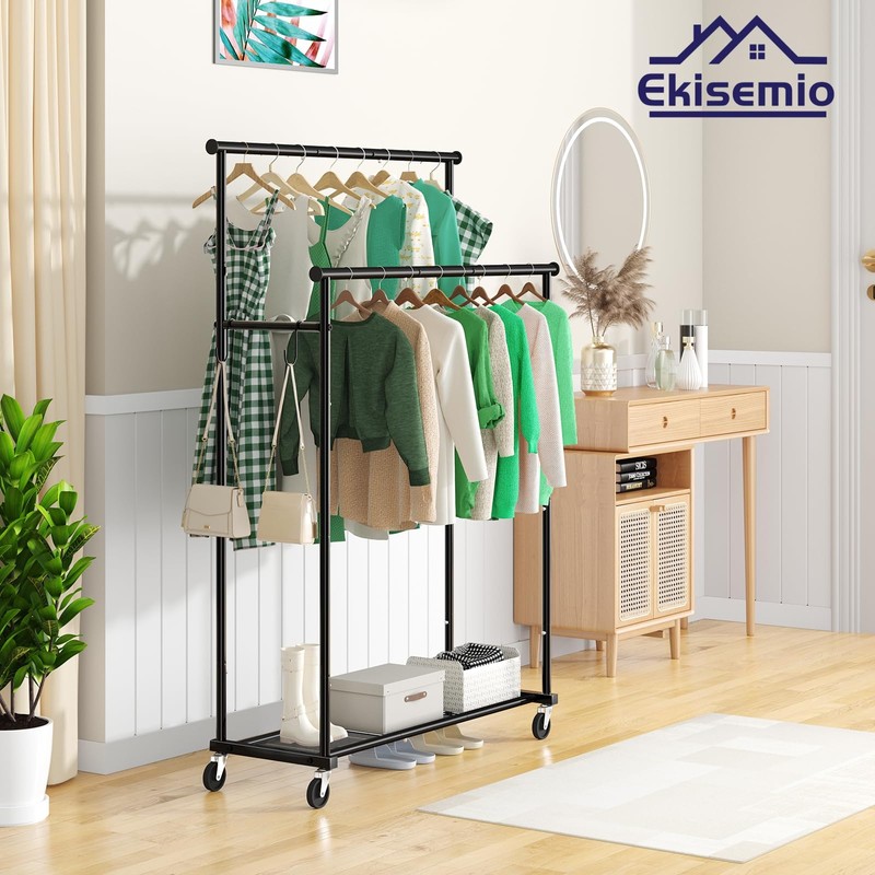 Ekisemio Double Rod Clothes Rack with Wheels Load 400 LBS,