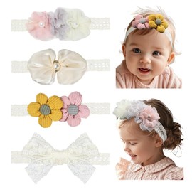 Esumun Baby Girl Hair Bow and Flower Headband with Lace Elastic, Chiffon Bow Hairband for Newborn Infant Toddlers (FLOWER-IVORYB)