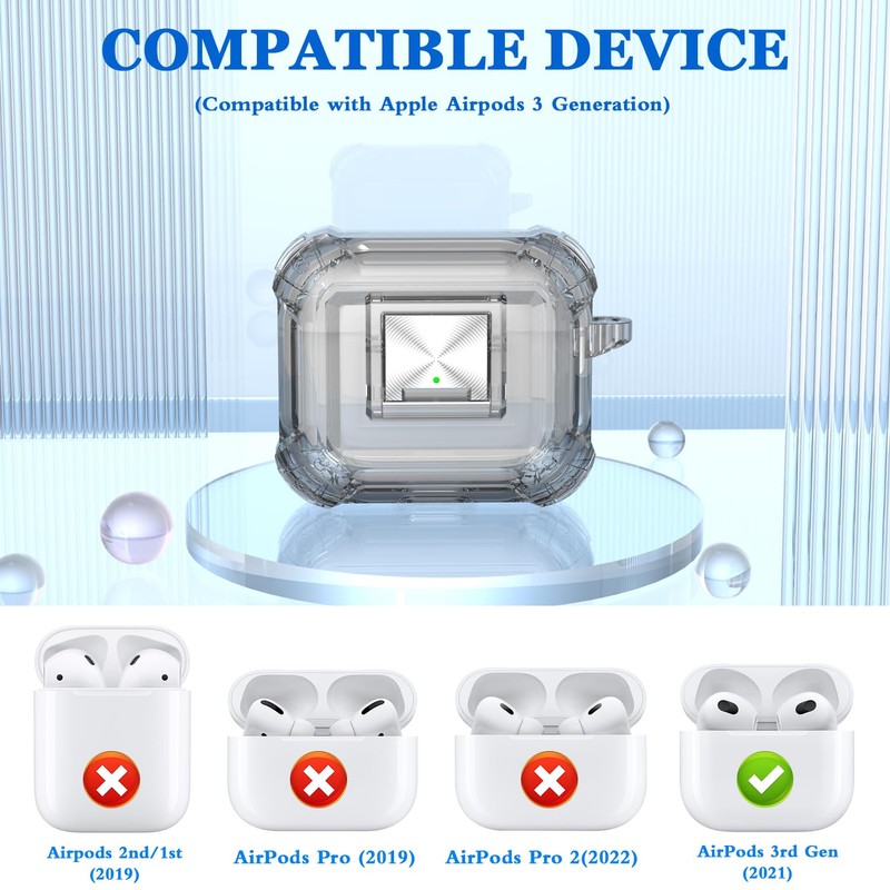 RFUNGUANGO for AirPods 3 Generation Case Cover with Lock,Clear Soft