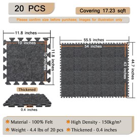 TroyStudio Thick Sound Absorbing Interlocking Floor Mats, 20 Pcs 11x 11 x 0.4 inches High Density Piano Carpet Drum Rug, Non-Slip Anti Vibration Soundproof Pads Acoustic Blankets for Music Studio