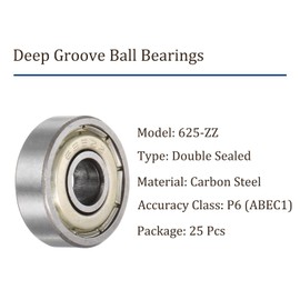 Kozelo 25pcs 625-ZZ Deep Groove Ball Bearings [5mm Bore x 16mm Outside Diameter x 5mm Thick] Double Metal Sealed P6 Bearing for Industrial Equipment Carbon Steel Z1