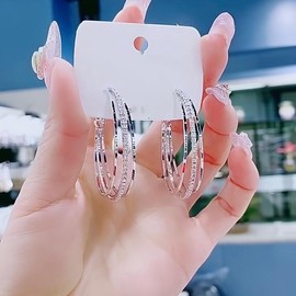 [Elegant Rhinestone 925 Silver Earrings] 925 Silver Pin Elegant Rhinestone Set Multi-Layered Hoop Earrings Sparkle Fashion Women's Jewelry, Suitable For Daily Wear And Gifts:_„Äêsilvery„Äë