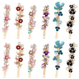 MOTIBACK 12 Pieces Vintage Flower Hair Pins – Decorative Bobby Pins for Women, Gold Tone Floral Hair Clips with Rhinestones, Elegant Hair Barrettes for Girls & Women