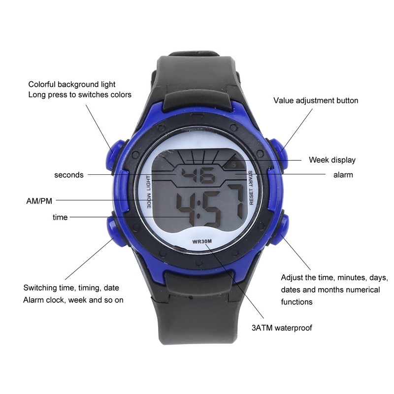 Electronic Watch Children Sports 3ATM Waterproof PU Strap Wrist WatchBlack