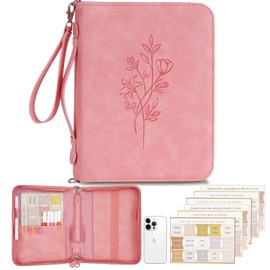 Christian Gifts for Women, Bible Cover Case for Women with Detachable Shoulder Strap & Wristlet Strap, Bible Case, PU Leather Debossed Floral Bible Cover, Church Bag with Bible Study Supplies, Pink