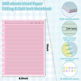 gisgfim 300 Sheets Letter Size Discbound Lined Refill Paper 8.5 x 11 Inch College Ruled Notebooks Planner Inserts 11 Disc Discbound Loose Leaf Paper Thicken for Writing School Office Supplies(Macaron)
