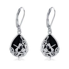 Dragonfly Earrings 925 Sterling Silver Black Onyx Dangle Drop Earrings Filigree Dragonfly Jewellery Gift for Women Girls