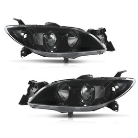 G-PLUS Projector Headlights Assembly Halogen Compatible with Mazda 3 4-Door Sedan 2004-2009, Not Fit Factory HID Models/Not Fit Hatchback Models, Clear Lens Black Housing Clear Reflector