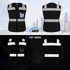 TCCFCCT Safety Vest for Women 11 Pockets Mesh Reflective Vest with Zipper, High Visibility Neon Construction Work Vest for Lady Workers/Surveyors/Drivers, Snug-Fit & Durable, ANSI Compliant, Black M