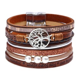 Fesciory Leopard Bracelet for Women, Boho Leather Wrap Multi-Layer Pearl Crystal Bracelet Bangle Jewelry(Tree of Life(Brown))