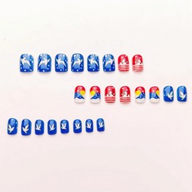 Independence Day Press on Nails Short Square Fake Nails Glossy Blue Red White Stick on Nails with Eagle Stars designs 4th of July False Nails Full Cover Patriotic Nails for Women Manicure24pcs
