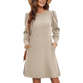 Zeagoo Tunic Dresses for Women 2024 Knit Sweater Dress Puff Long Sleeve Fall Dress Soft Warm Dress Casual, Khaki S