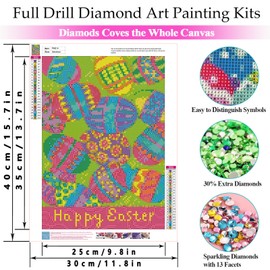 Diamond Painting Kits for Adults, DIY Flowers Tree Butterfly Round Diamond Art Full Drill Round Gem Art 5D Diamond Dot Suitable Home Wall Decor 12x16inch (Easter Eggs-2)