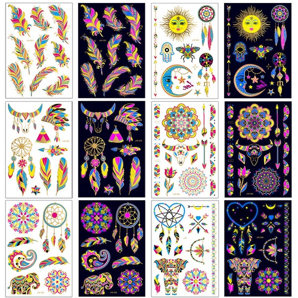 Penubuy Neon Party Temporary Tattoo, 6 Sheets Fluorescent Foil Embossing