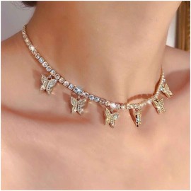 Cimenexe Bohemian Butterfly Necklace Crystal Butterfly Pendant Necklace Chain Gold Rhinestone Chain Choker Necklace Vintage Tennis Clavicle Necklace Chain Jewellery for Women and Girls
