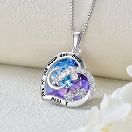 enjoylifecreative Moon Stars Crystal Necklace Sterling Silver I Love You To The Moon And Back Necklace Star Moon Pendant Jewellery Birthday Valentine's Day Gifts for Women Mom Wife Girlfriend