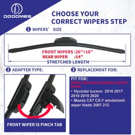 DODOMES 26" + 16" Windshield Wipers with 14" Rear Wiper Blade Replacement for Hyundai Tucson 2016-2020,2007-2012 Mazda CX-7 Original Factory OEM Quality (Pack of 3)